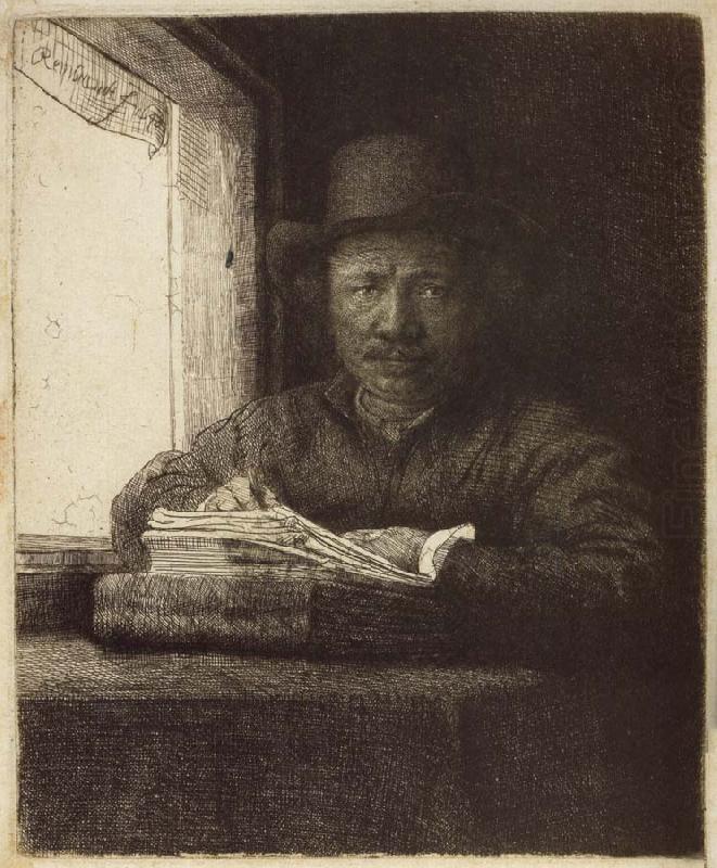 REMBRANDT Harmenszoon van Rijn Self-Portrait,Etching at a Window oil painting picture